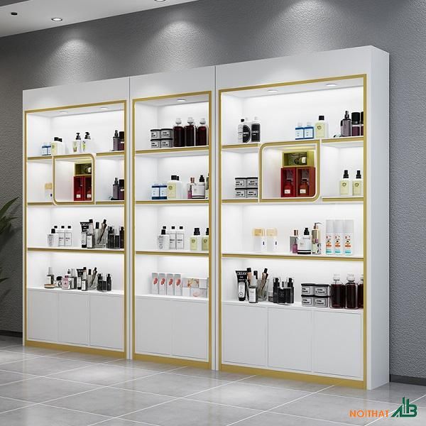 Tủ Trưng Bày Shop Mỹ Phẩm 2 Tủ inox có đèn LED